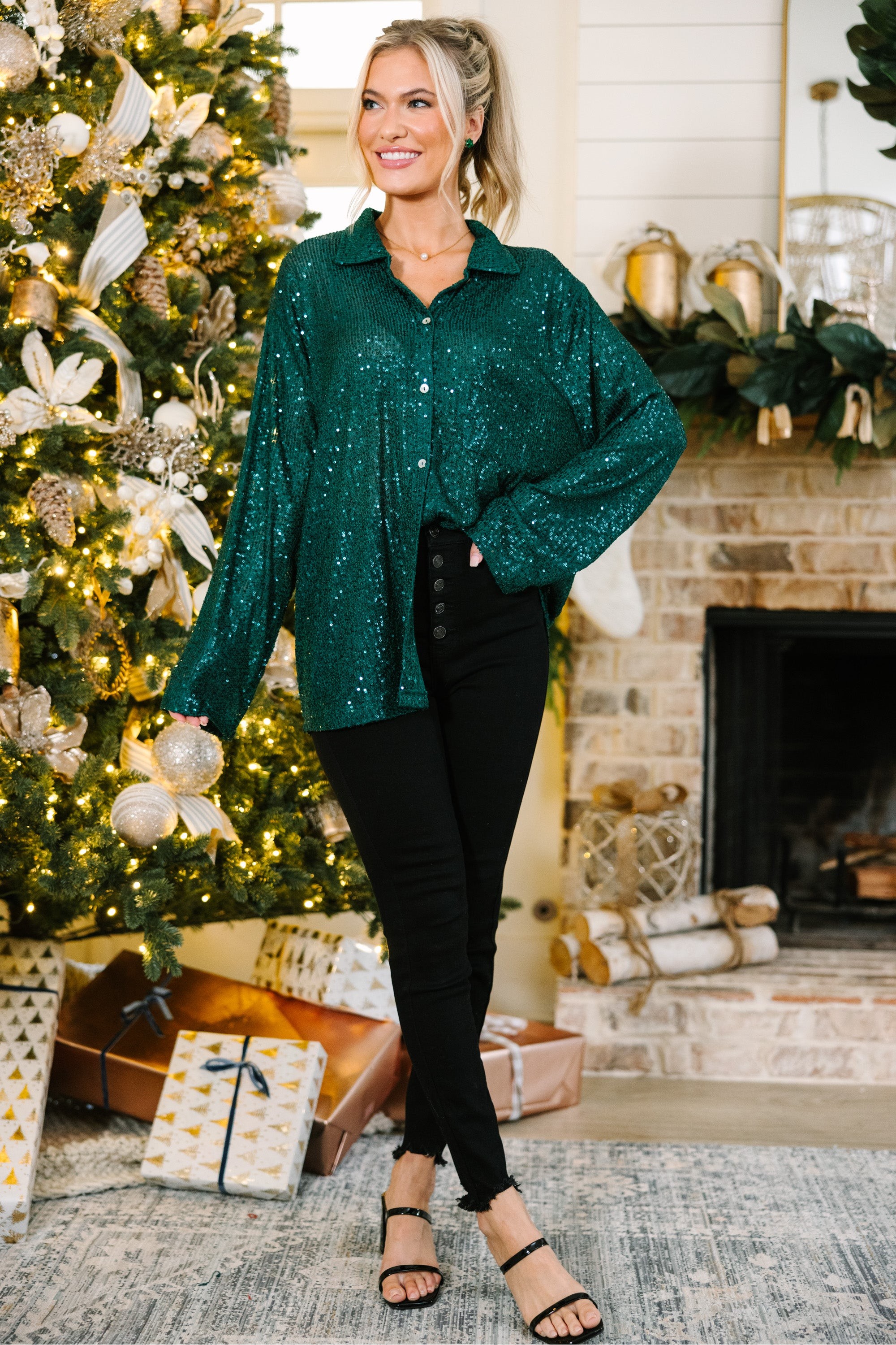 It's A Long Story Deep Green Sequin Blouse