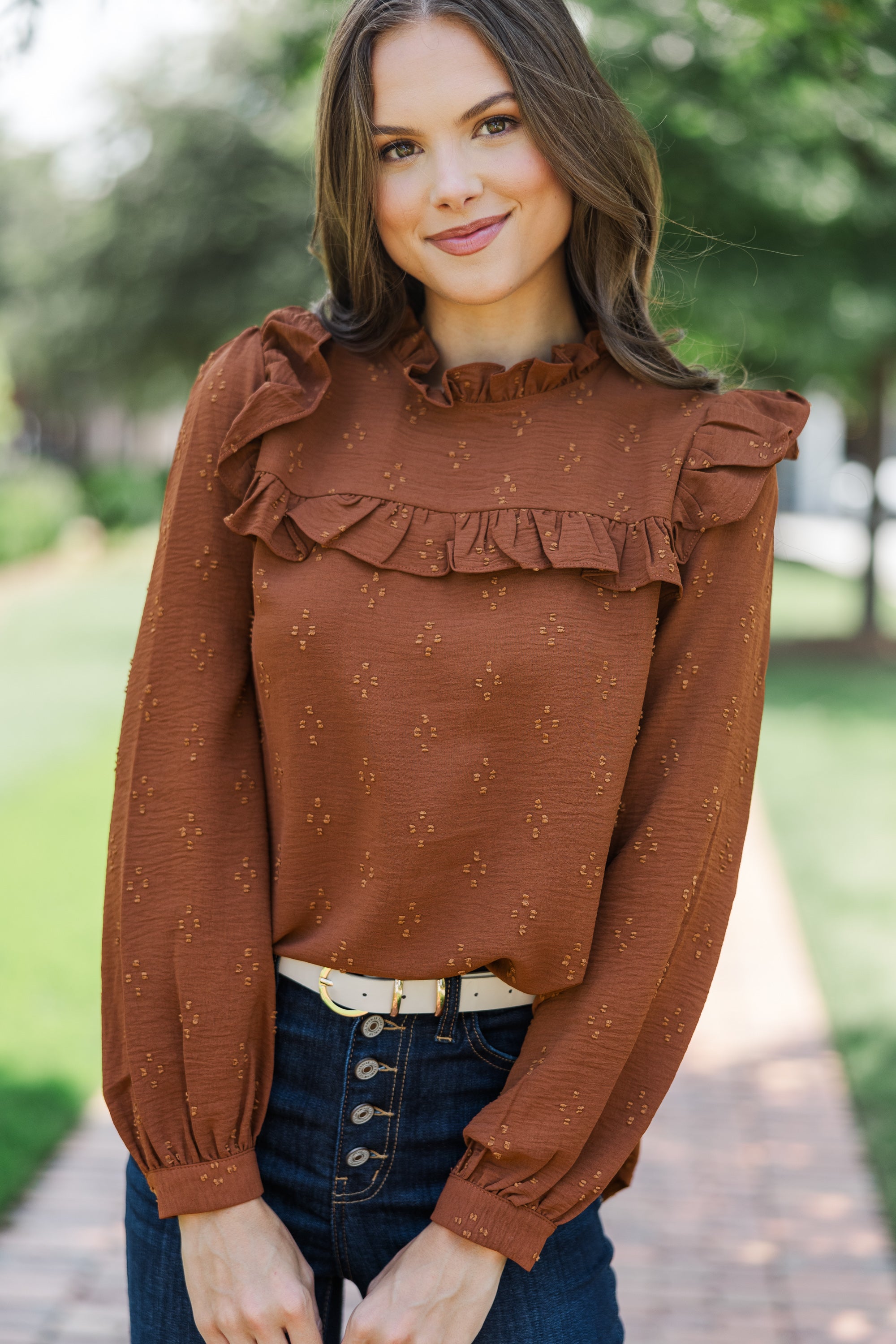 Romantic History Brown Ruffled Blouse