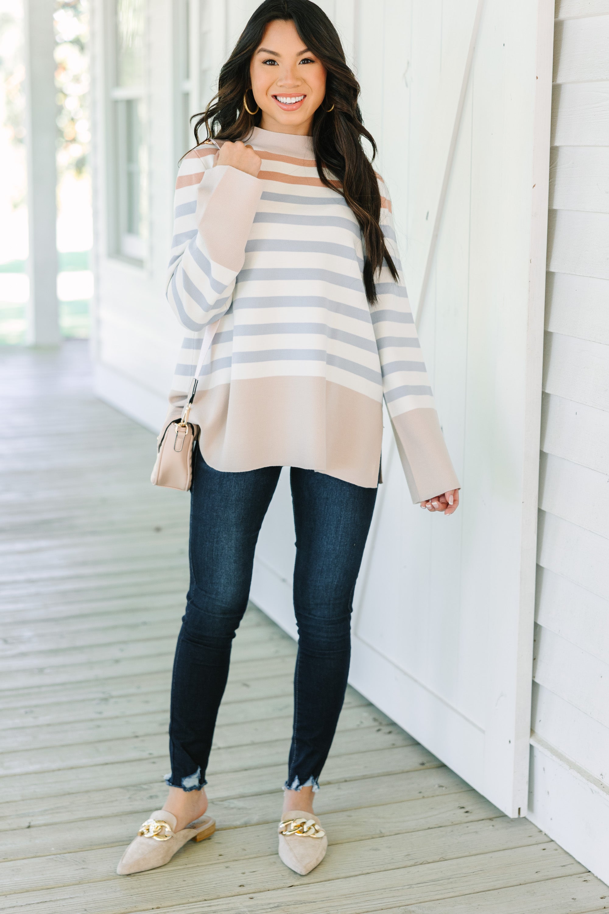 Make Your Day Taupe Brown Striped Sweater