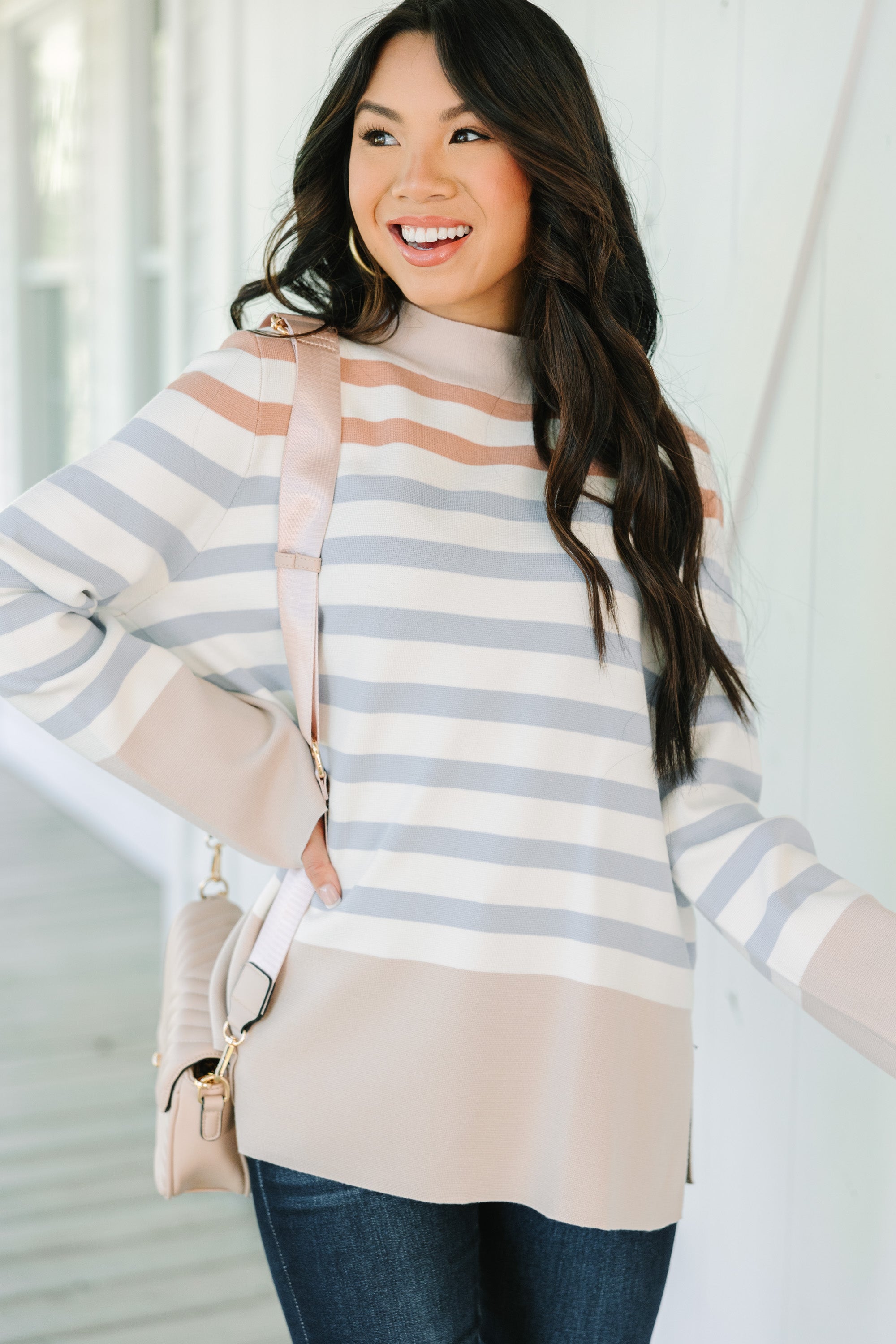 Make Your Day Taupe Brown Striped Sweater