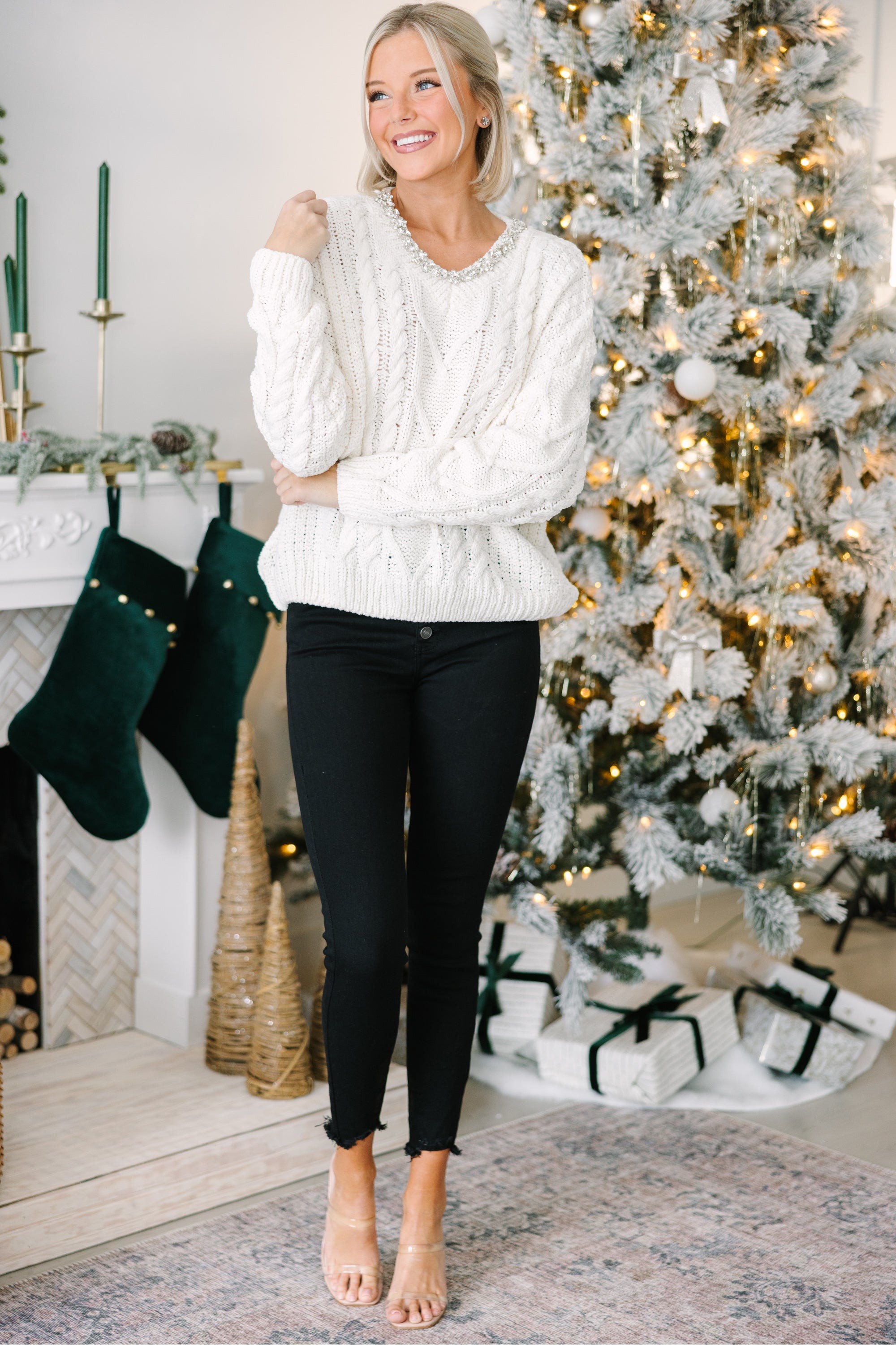 Just A Thought Cream White Embellished Sweater