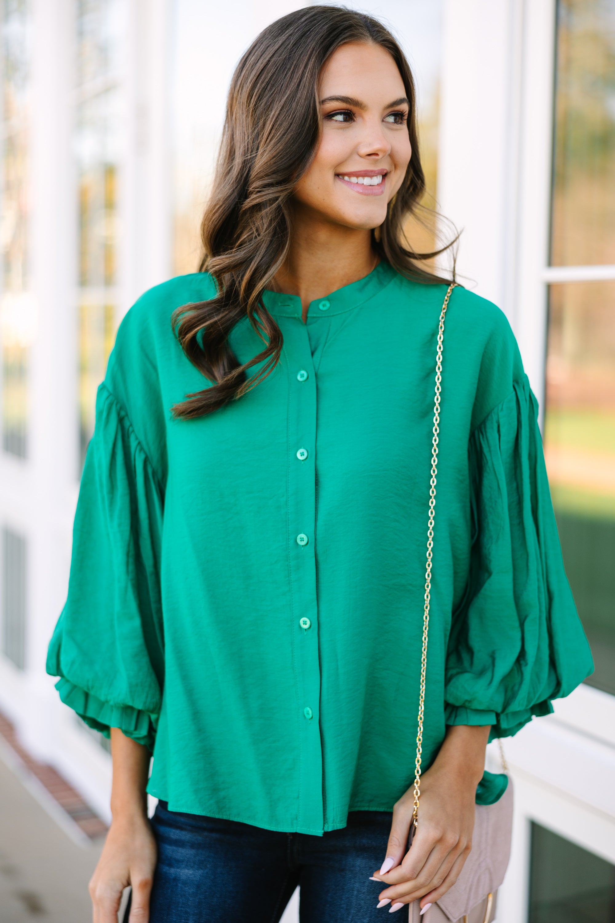 Far From Over Kelly Green Puff Sleeve Blouse