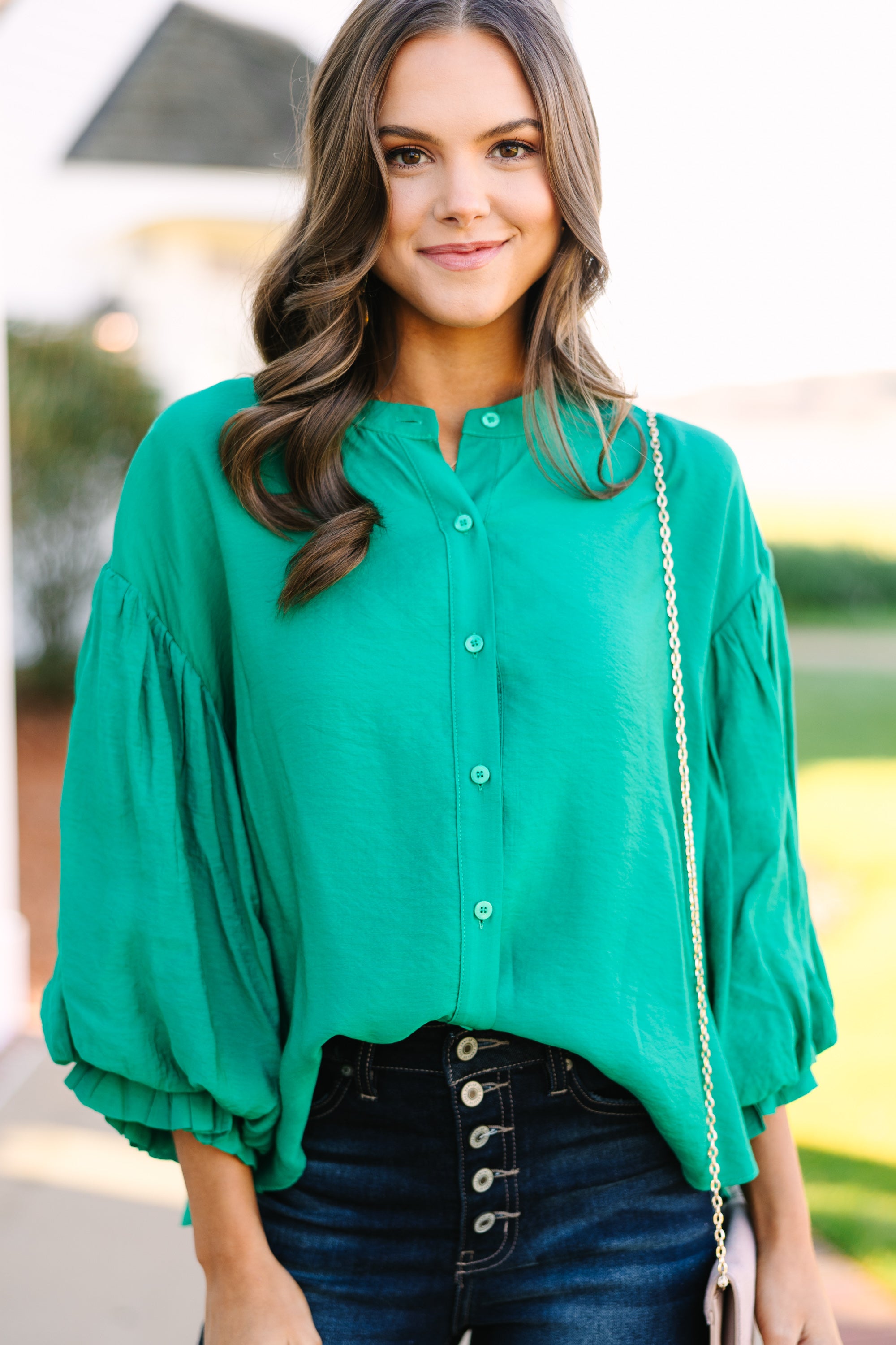 Far From Over Kelly Green Puff Sleeve Blouse