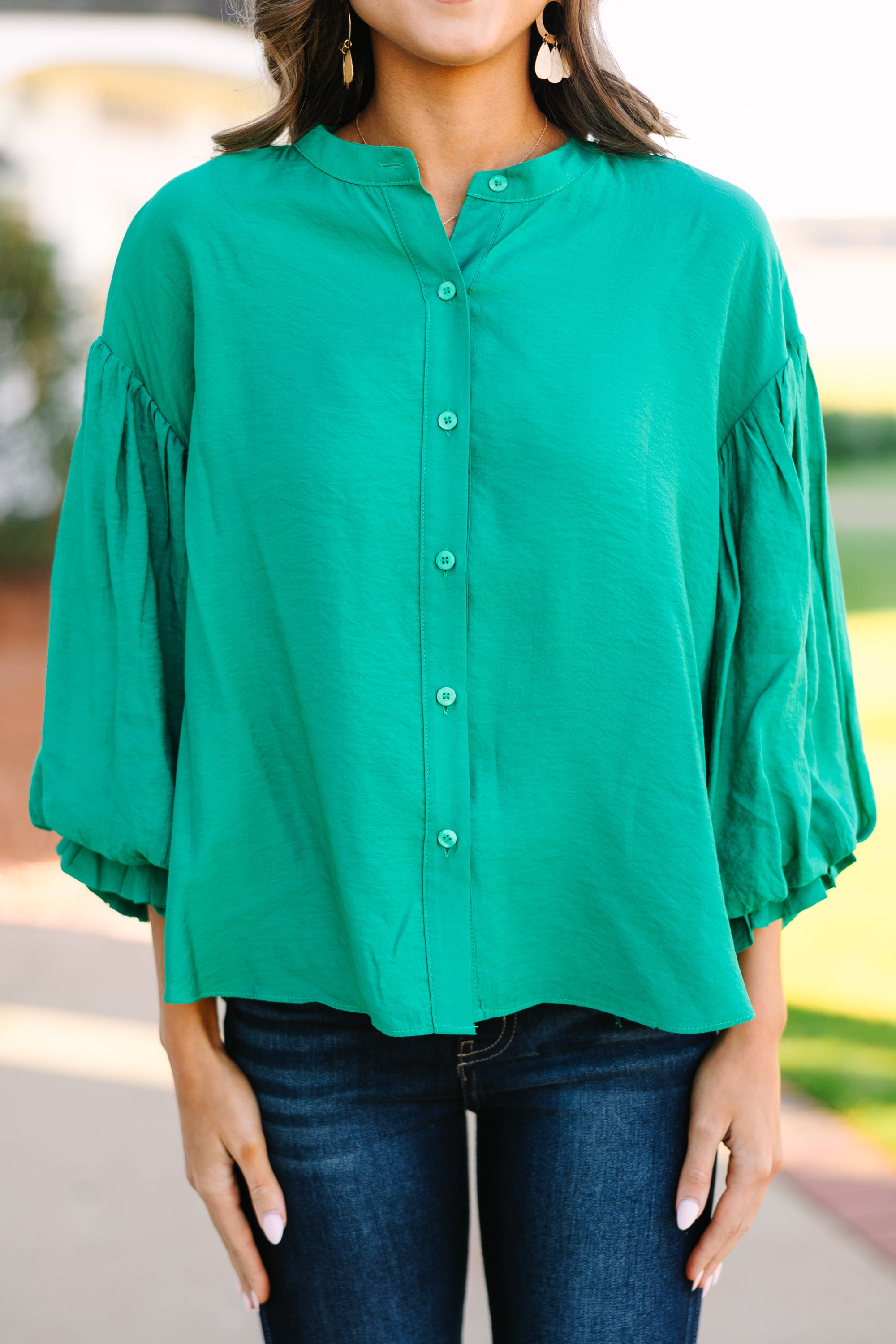 Far From Over Kelly Green Puff Sleeve Blouse