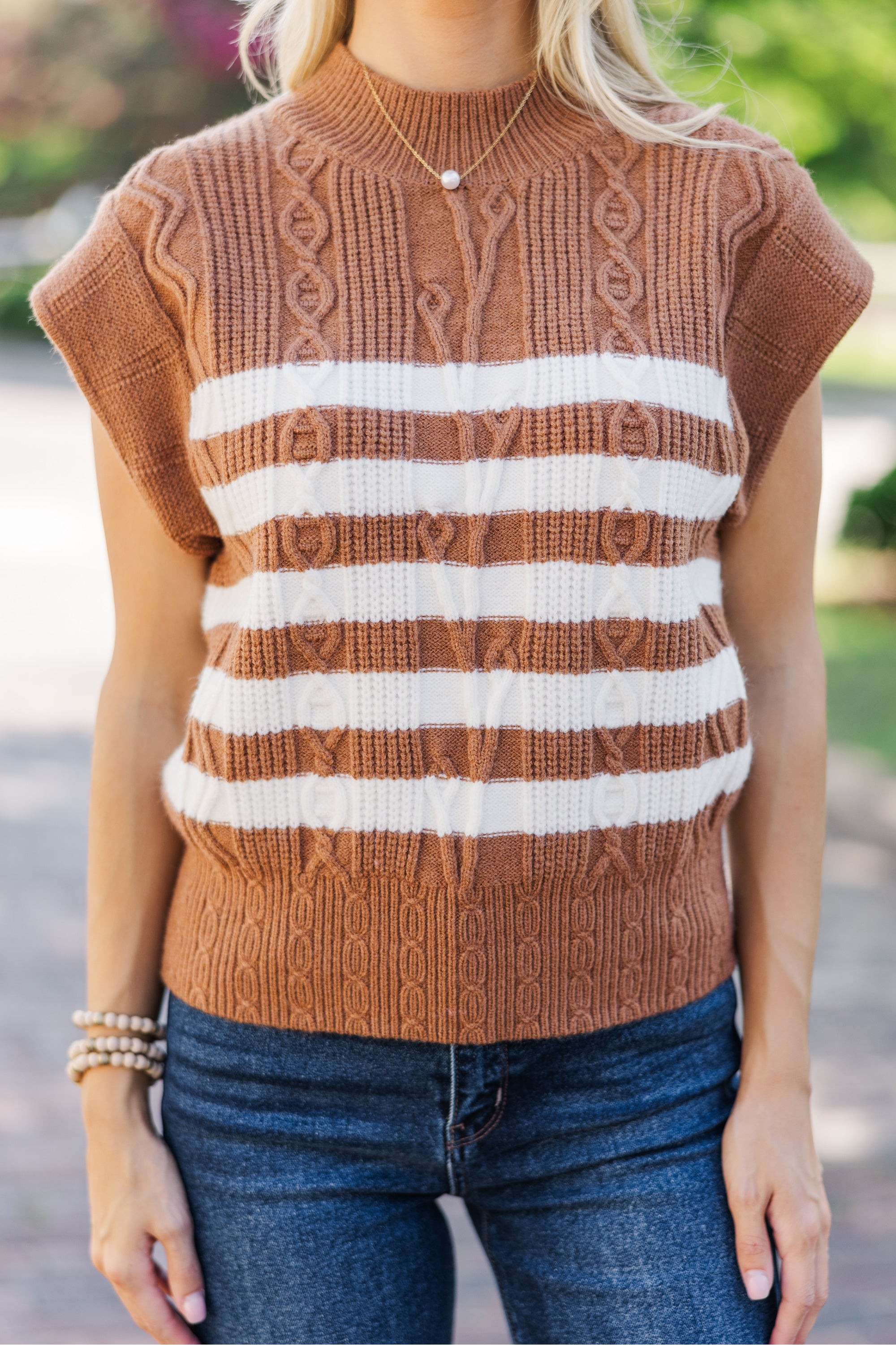 Get It Going Camel Brown Striped Cable Knit Sweater Top