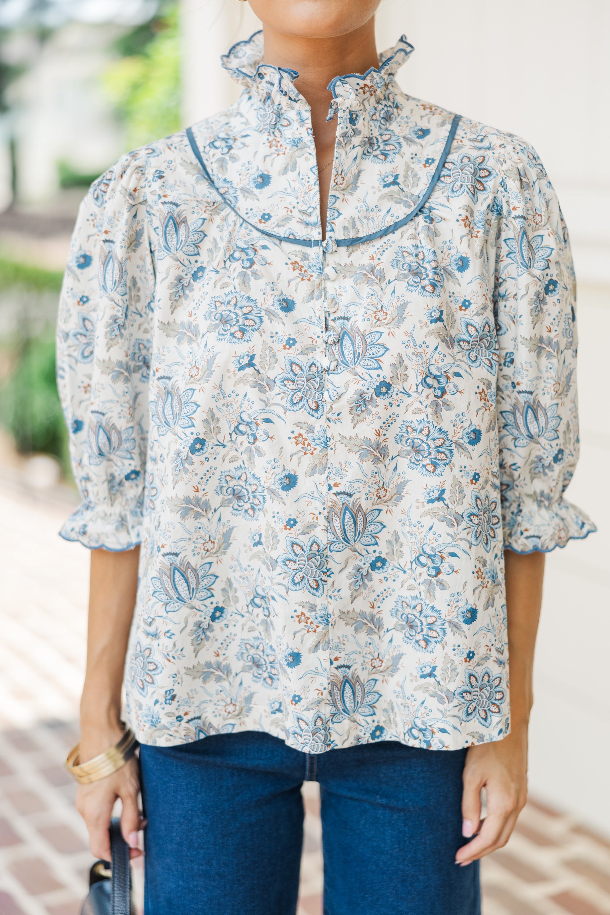 Keep It Up Cream Floral Ruffled Blouse
