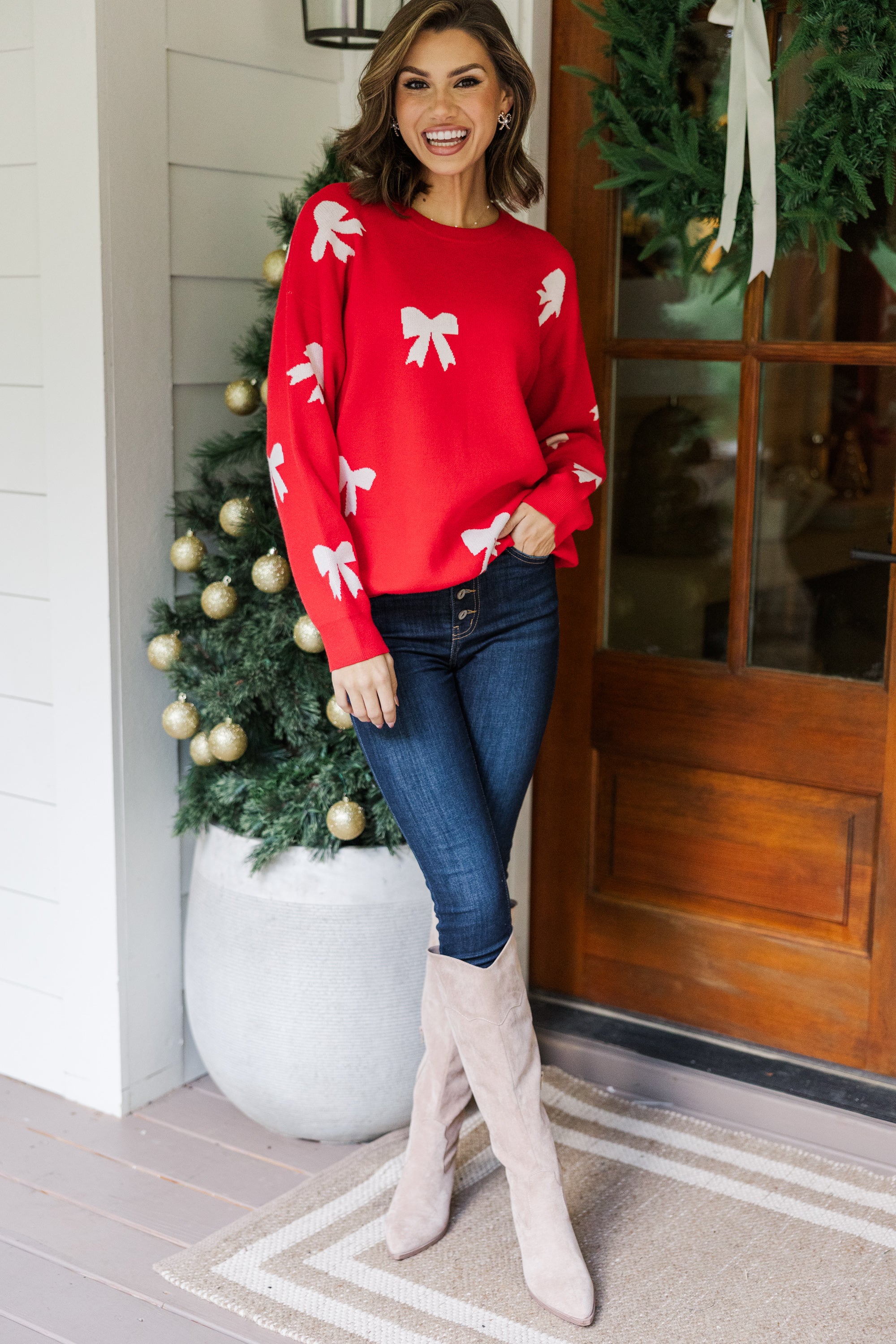 Tied With A Bow Red Ribbon Print Sweater